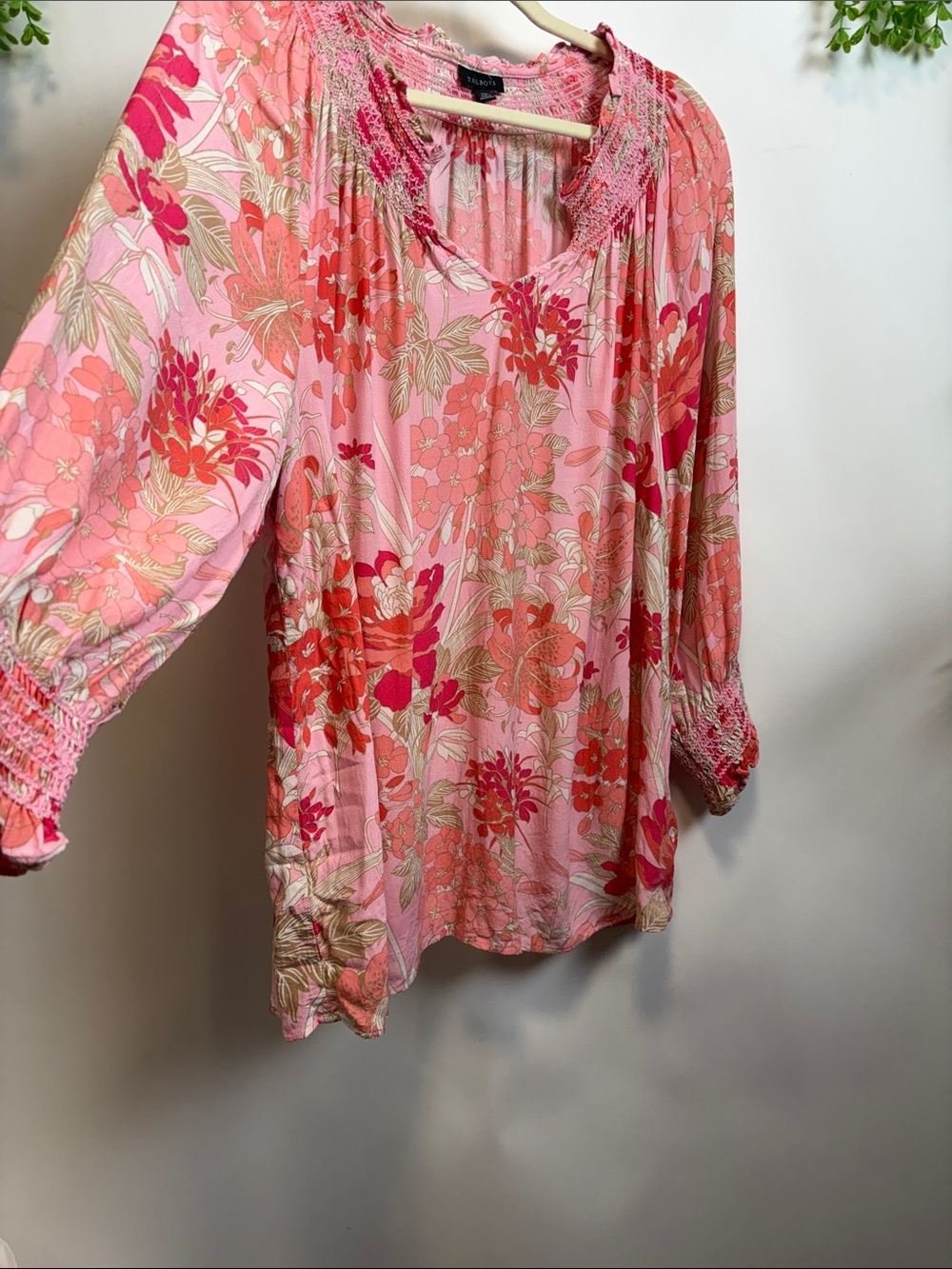 Talbots Pink Coral Floral Smocked Neck Blouse